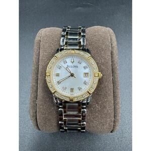 Bulova Watch Women 26mm Silver Gold Tone 98R107 MOP Diamond with New Battery  VG